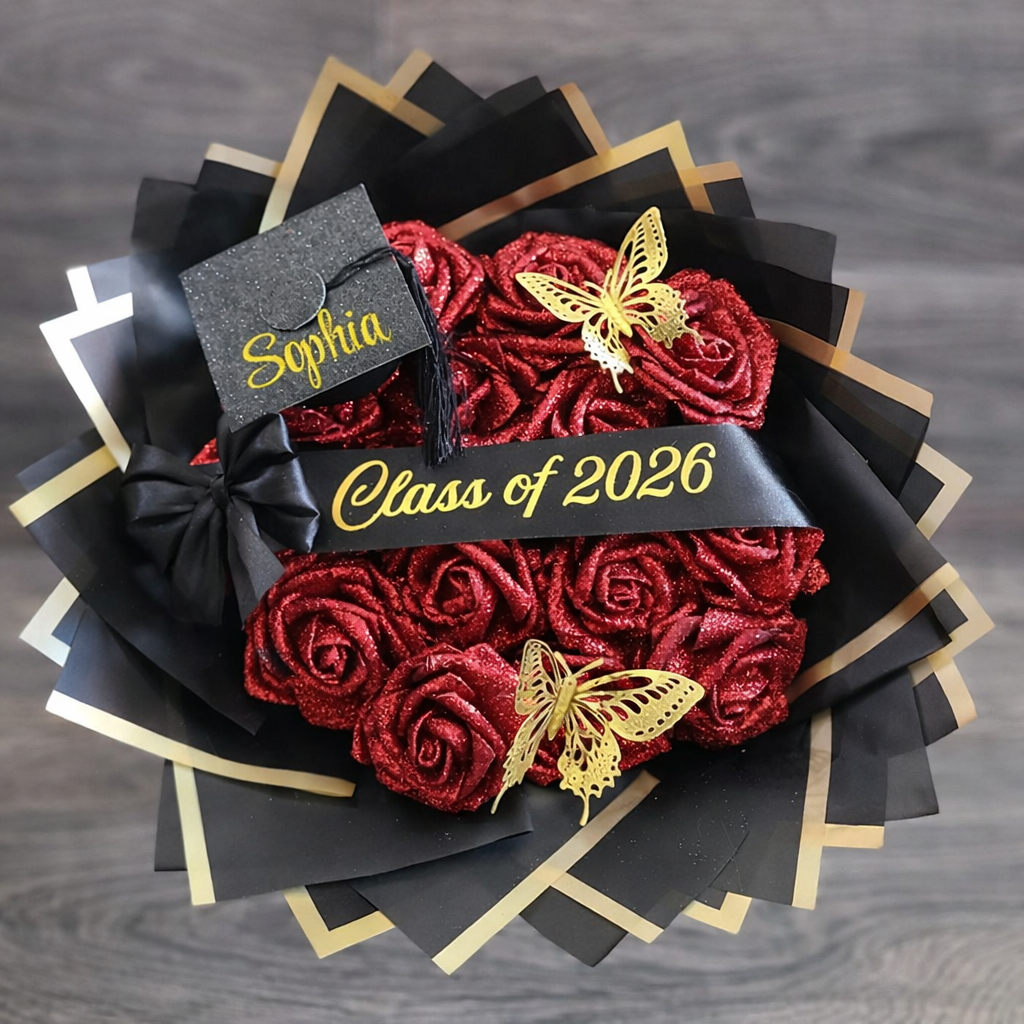 Custom Glitter Roses Graduation Bouquet: Personalized Class of 2026 Gift