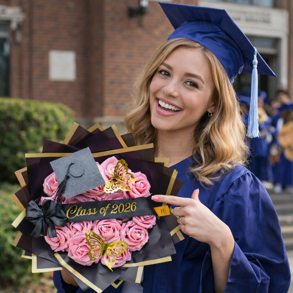 Custom Glitter Roses Graduation Bouquet: Personalized Class of 2026 Gift
