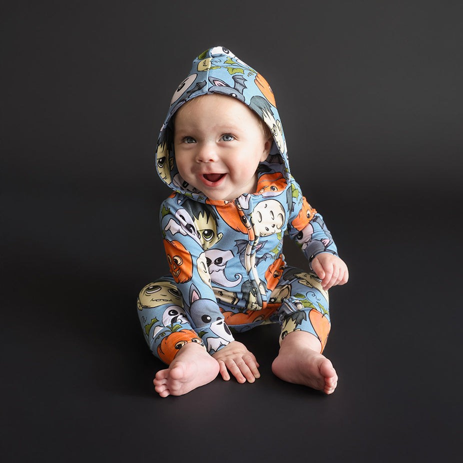 Little Monsters Halloween French Terry Zippered Hooded Romper