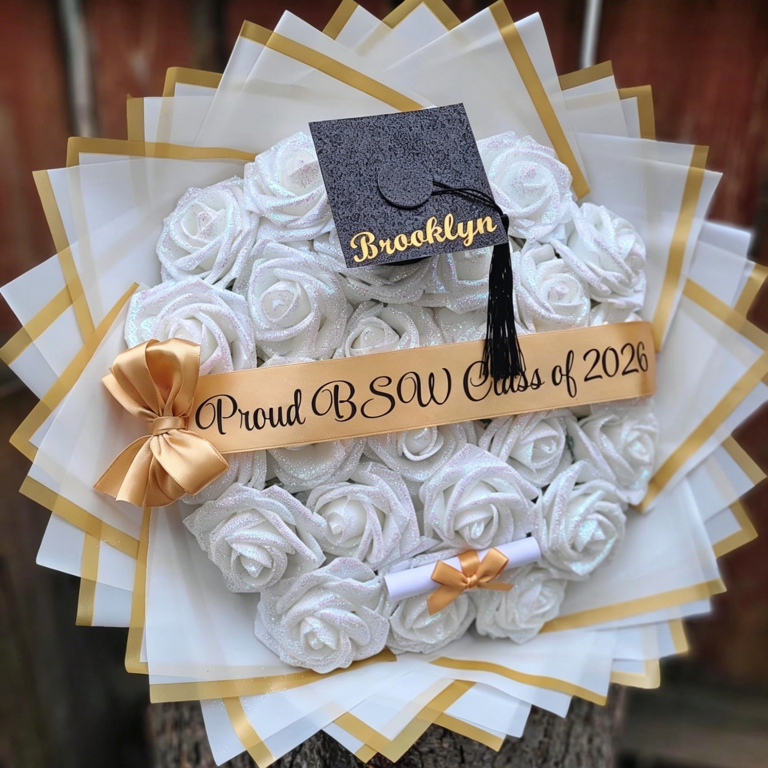 Custom Glitter Roses Graduation Bouquet: Personalized Class of 2026 Gift
