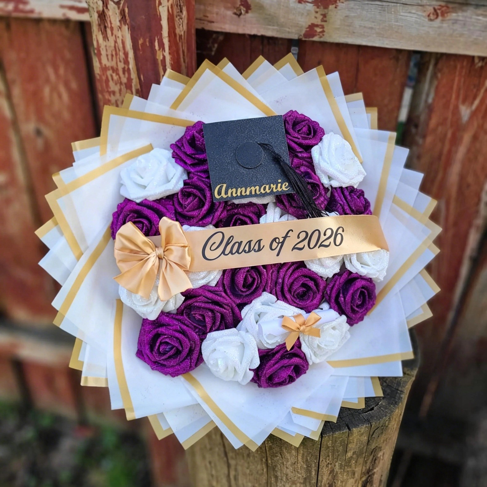 Custom Glitter Roses Graduation Bouquet: Personalized Class of 2026 Gift
