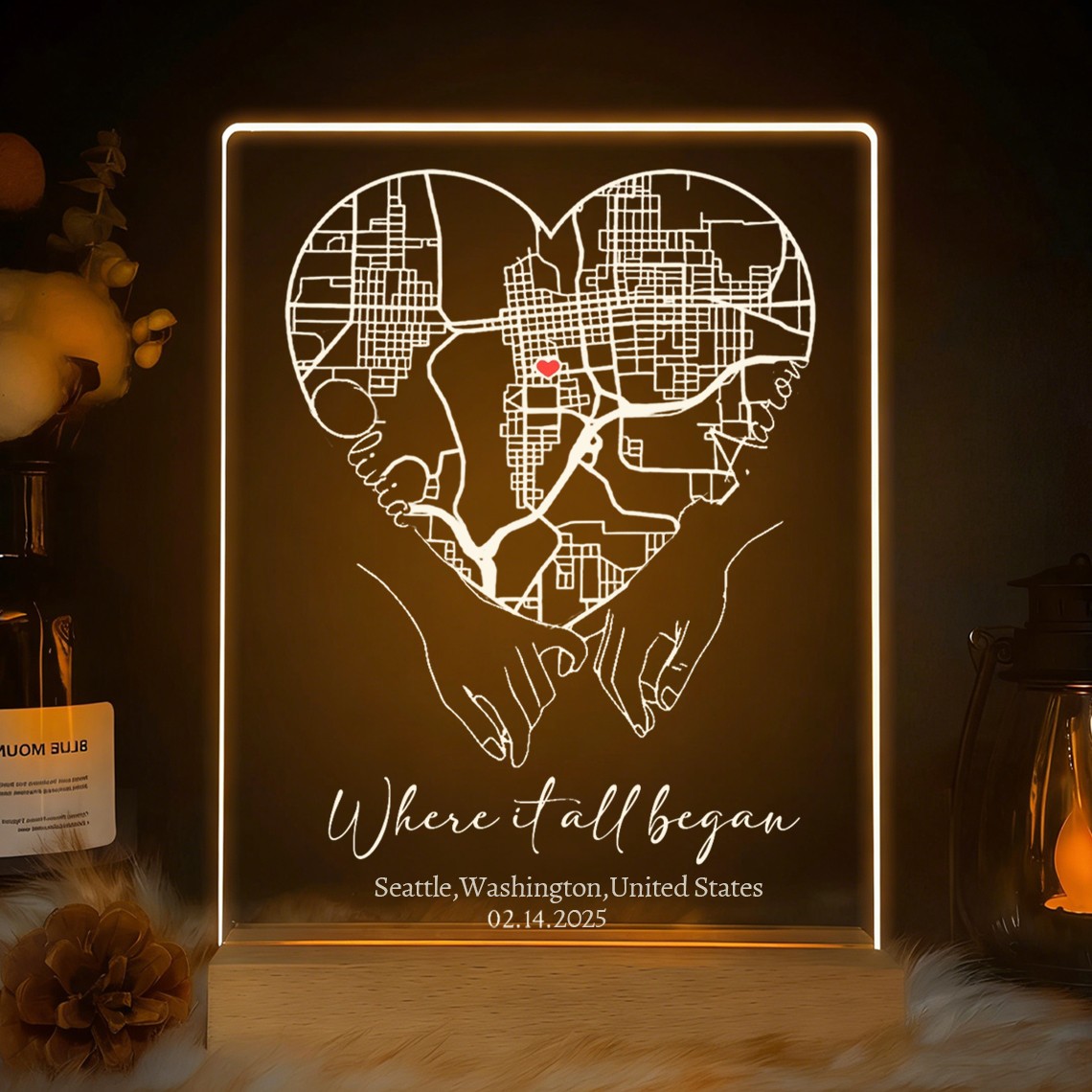 Custom Where It All Began Acrylic Map Night Light for Couple