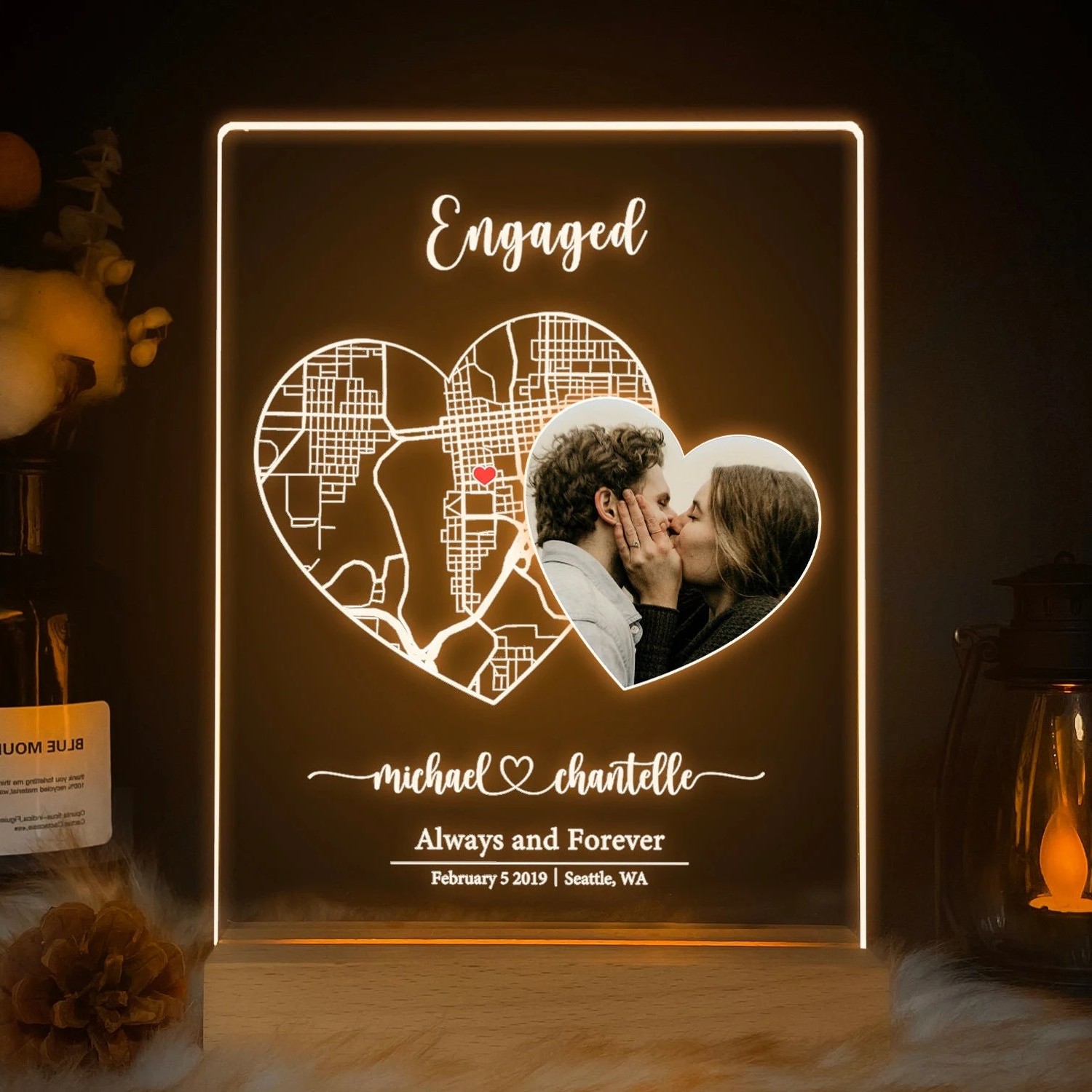 Custom Always and Forever Acrylic Map Night Light for Couple