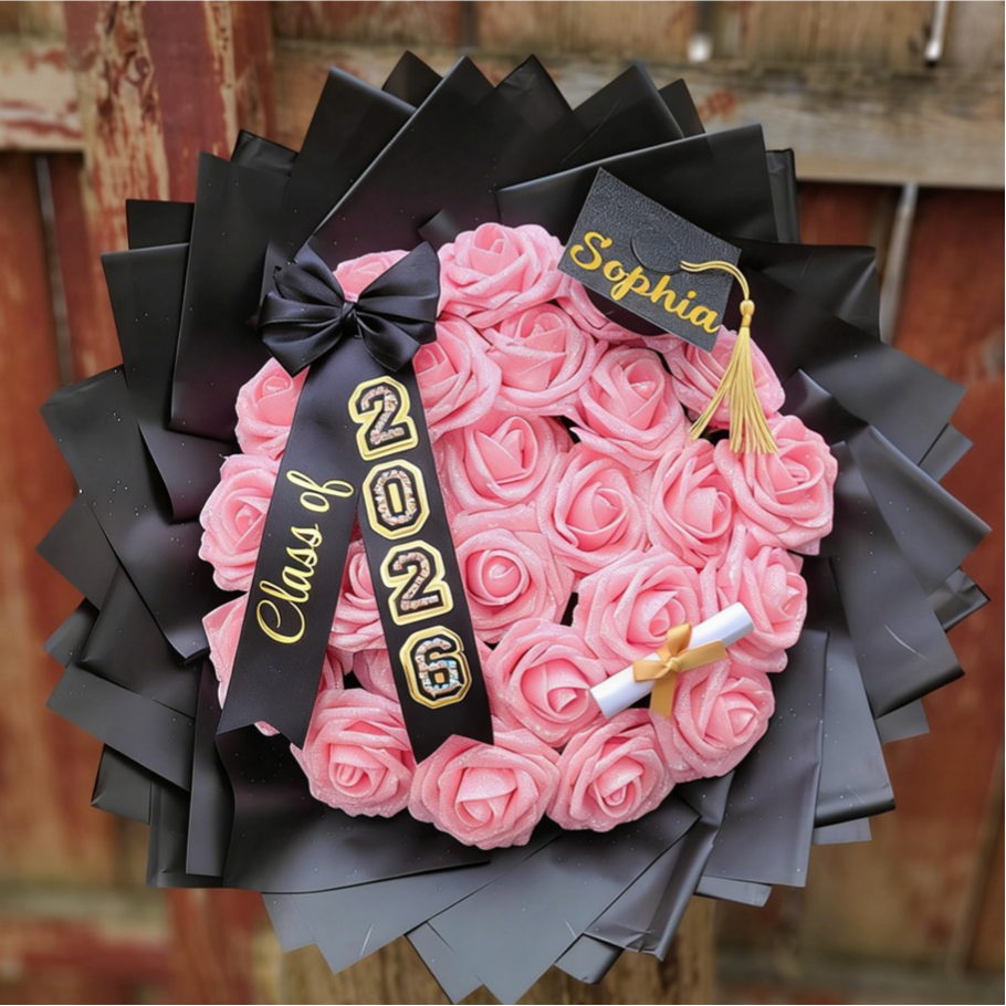 Custom Glitter Roses Graduation Bouquet: Personalized Class of 2026 Gift