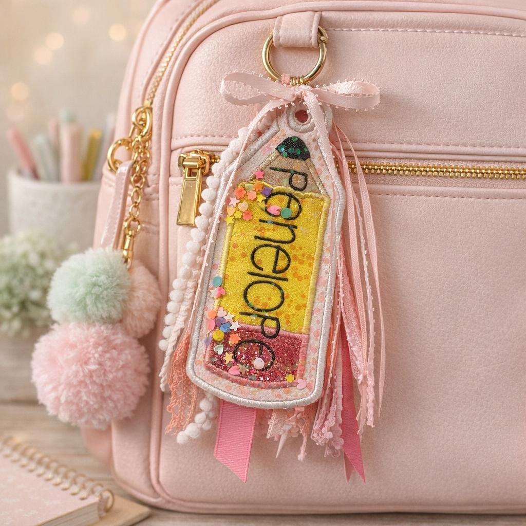 Personalized Glitter Confetti Pencil Shaker Tag, Custom Name Backpack Charm, Back To School Gift