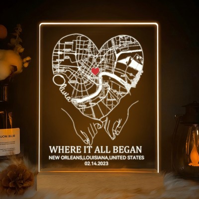 Custom Where It All Began Acrylic Map Night Light for Couple