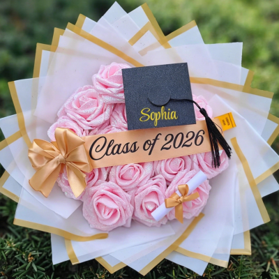 Custom Glitter Roses Graduation Bouquet: Personalized Class of 2026 Gift