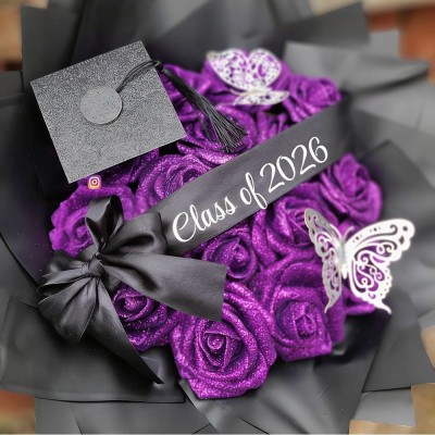 Custom Glitter Roses Graduation Bouquet: Personalized Class of 2026 Gift